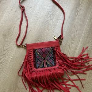 Boho Leather Embroidered Fringe Bag Crossbody Purse
